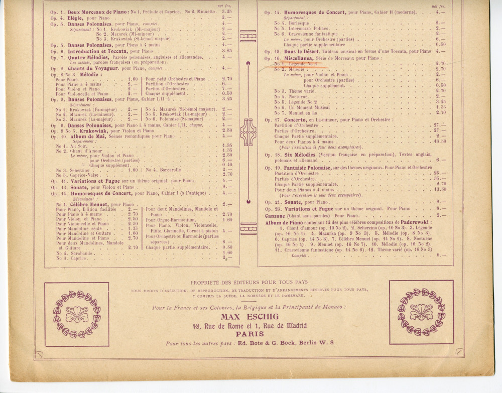 Partition de la «Légende» (n° 1) tirée des «Miscellanea, série de morceaux pour piano» op. 16 n° 1 de Paderewski (Max Eschig, Paris)