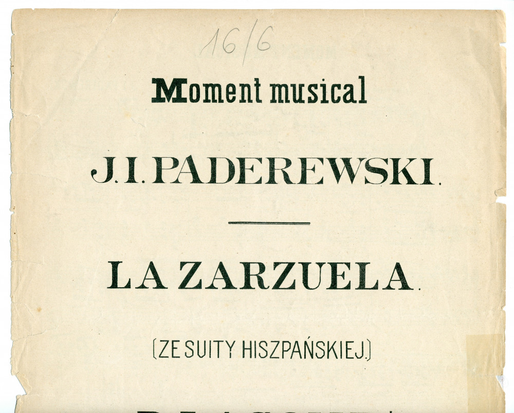 Partition du «Moment musical» tiré des «Miscellanea, série de morceaux pour piano» op. 16 n° 6 de Paderewski (Rajchman i Frendler, Varsovie – 1 page recto-verso – cahier contenant également «La Zarzuela» de P. Lacomea [disparu])