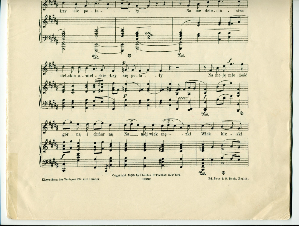 Partition des «Six mélodies» pour voix et piano op. 18 de Paderewski sur des poèmes d'Adam Mickiewicz (Ed. Bote & G. Bock, Berlin / Charles F. Tretbar, New York, 1894 – sans couverture)