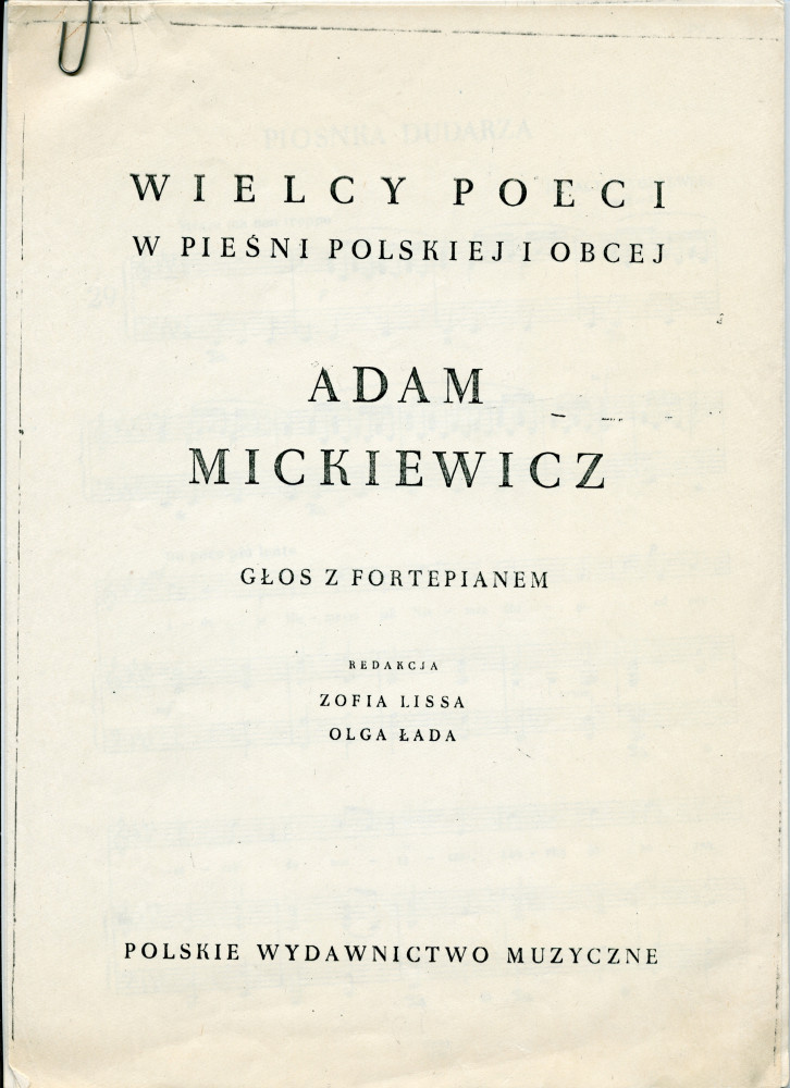 Partition des mélodies n° 2 «Piosnka dudarza» et n° 4 «Nad woda wielka i czysta» tirées des «Six mélodies» pour voix et piano op. 18 de Paderewski sur des poèmes d'Adam Mickiewicz (Polskie Wydawnictwo Muzyczne PWM 1699)