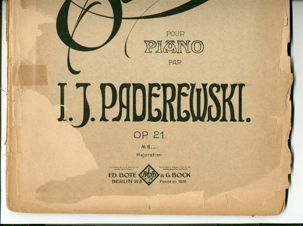 Partition de la «Sonate pour piano» en mi bémol majeur op. 21 de Paderewski (Ed. Bote & G. Bock, Berlin, 1917 [?] – cahier en mauvais état – dédicace «à Son Altesse Impériale et Royale l'Archiduc Charles Etienne»)