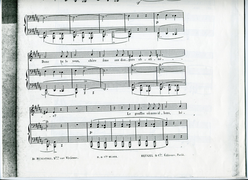 Partition de la mélodie n° 11 «L'amour fatal» tirée des «Douze mélodies sur des poésies de Catulle Mendès» pour voix et piano op. 22 n° 11 de Paderewski (Au Ménestrel / Heugel & Cie, Paris – photocopie)