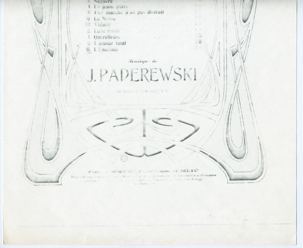 Partition de la mélodie n° 11 «L'ennemie» tirée des «Douze mélodies sur des poésies de Catulle Mendès» pour voix et piano op. 22 n° 12 de Paderewski (Au Ménestrel / Heugel & Cie, Paris – photocopie)