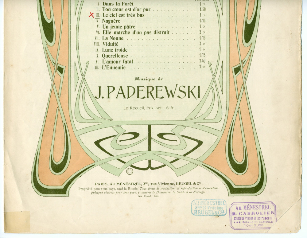 Partition de la mélodie n° 3 «Le ciel est très bas» tirée des «Douze mélodies sur des poésies de Catulle Mendès» pour voix et piano op. 22 n° 3 de Paderewski (Au Ménestrel / Heugel & Cie, Paris)