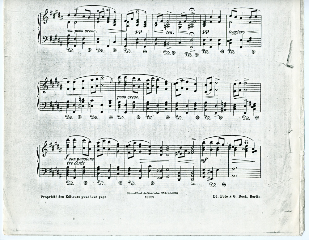 Partition de la «Mélodie tirée des Chants du voyageur» pour piano op. 8 n° 3 de Paderewski (Ed. Bote & G. Bock, Berlin & Posen – photocopie sans page de couverture)