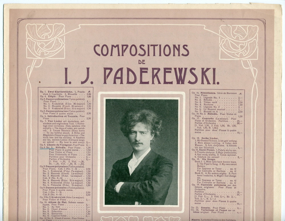 Partition de la «Mélodie tirée des Chants du voyageur» pour piano op. 8 n° 3 de Paderewski (Ed. Bote & G. Bock, Berlin / G. Schirmer, New York – avec en couverture une liste des «compositions de Paderewski» diffusées par ces maisons)