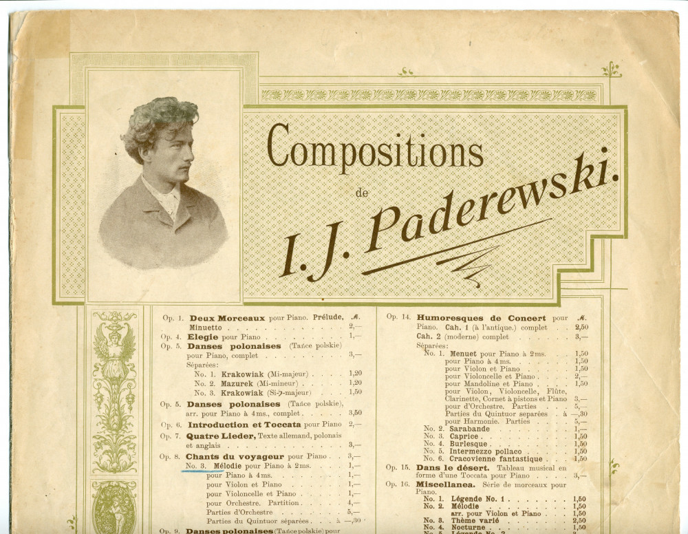 Partition de la «Mélodie tirée des Chants du voyageur» pour piano op. 8 n° 3 de Paderewski (Ed. Bote & G. Bock, Berlin / Willcocks & Co. Limited, Londres – avec en couverture une liste des «compositions de Paderewski» diffusées par ces maisons)