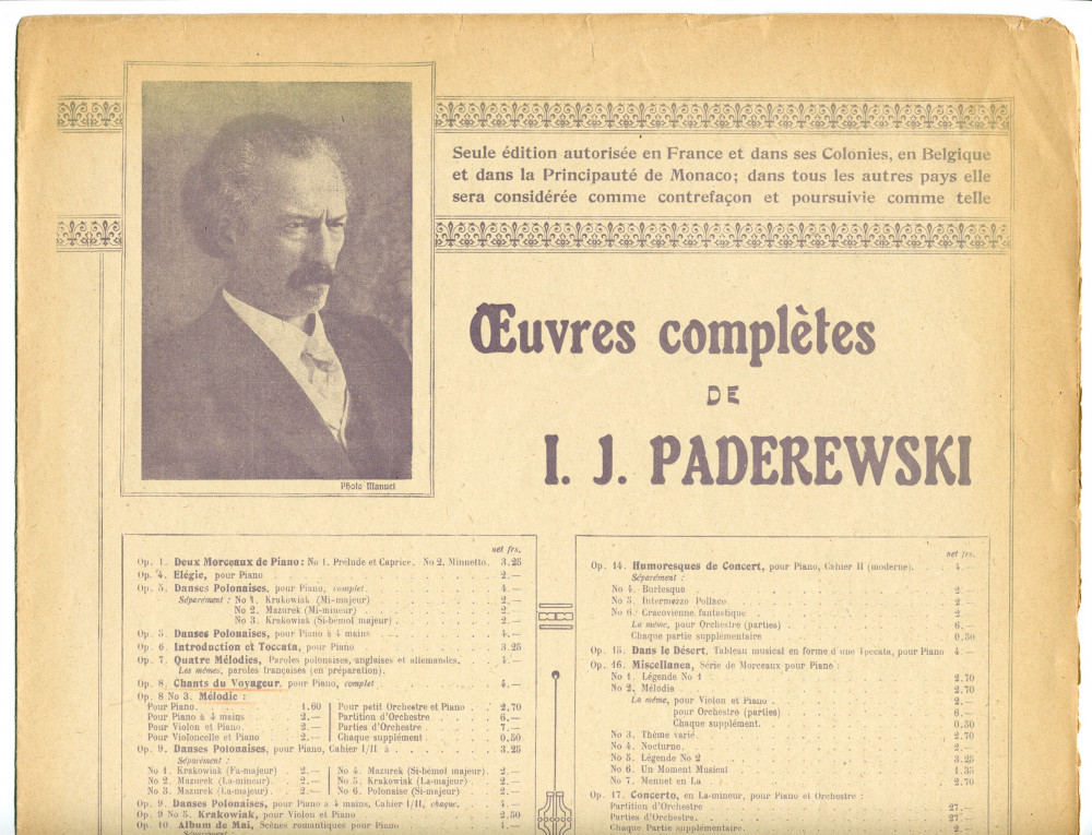 Partition de la «Mélodie tirée des Chants du voyageur» pour piano op. 8 n° 3 de Paderewski (Max Eschig, Paris – avec en couverture une liste des «Œuvres complètes de Paderewski» diffusées par cette maison)