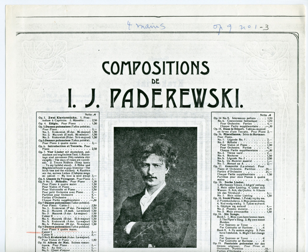 Partition des «Danses polonaises (Tance polskie) pour piano à quatre mains» op. 9 nos 1-3 (cahier I) de Paderewski – n° 1: Krakowiak, n° 2: Mazurek, n° 3: Mazurek (Ed. Bote & G. Bock, Berlin – photocopie
