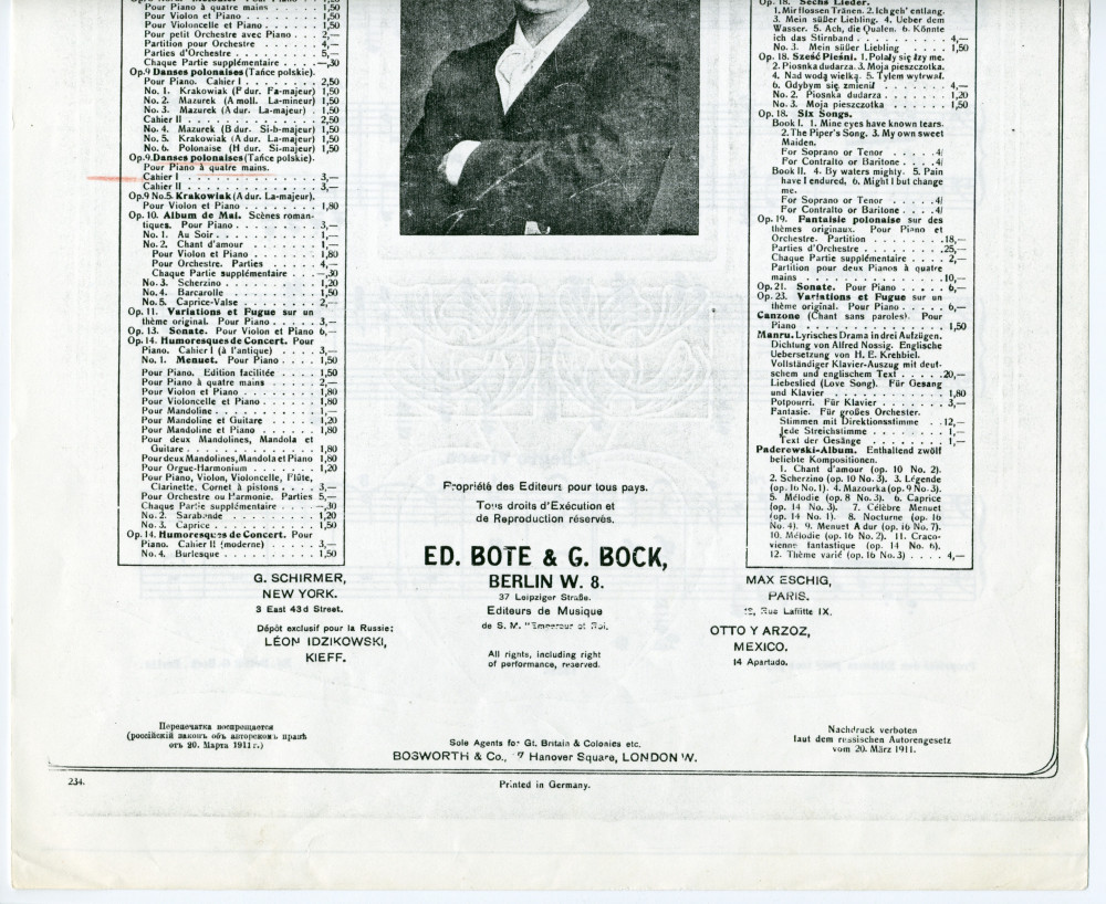 Partition des «Danses polonaises (Tance polskie) pour piano à quatre mains» op. 9 nos 1-3 (cahier I) de Paderewski – n° 1: Krakowiak, n° 2: Mazurek, n° 3: Mazurek (Ed. Bote & G. Bock, Berlin – photocopie