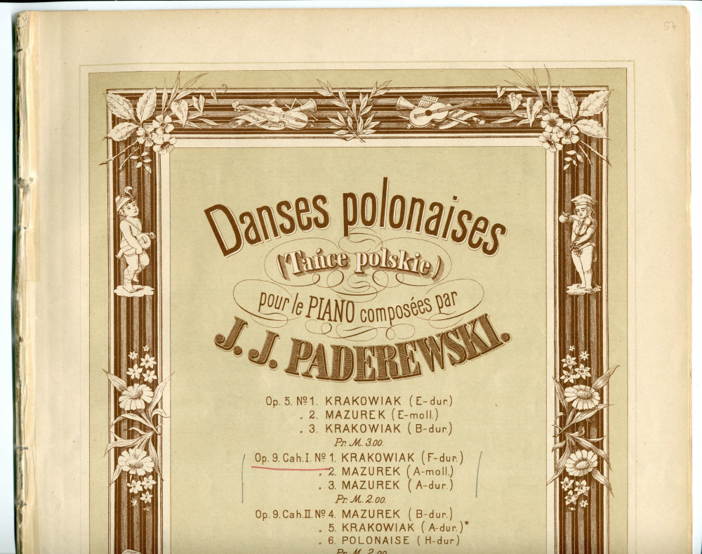 Partition des «Danses polonaises (Tance polskie) pour le piano» op. 9 nos 1-3 (cahier I) de Paderewski – n° 1: Krakowiak, n° 2: Mazurek, n° 3: Mazurek (Ed. Bote & G. Bock, Berlin & Posen)
