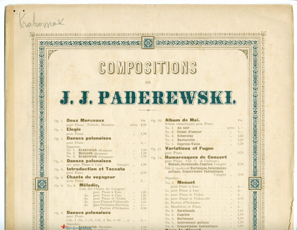 Partition de la «Krakowiak» en fa majeur tirée des «Danses polonaises» pour piano op. 9 n° 1 de Paderewski (Louis Gregh, Paris – avec en couverture une liste des «compositions de Paderewski» diffusées par cette maison)