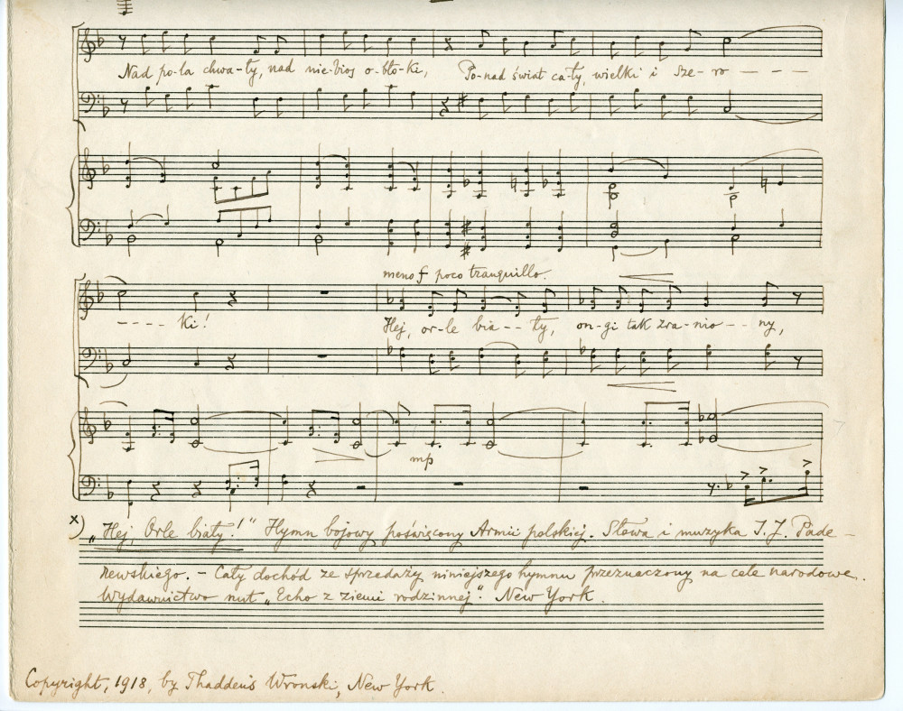 Manuscrit autographe de «Hej, Orle bialy!» [Hé, aigle blanc!], hymne de guerre de l'armée polonaise pour chœur d'hommes et piano (sans opus) de Paderewski (texte et musique) («Copyright, 1918, by Thaddeus Wronski, New York» – 3 pages)