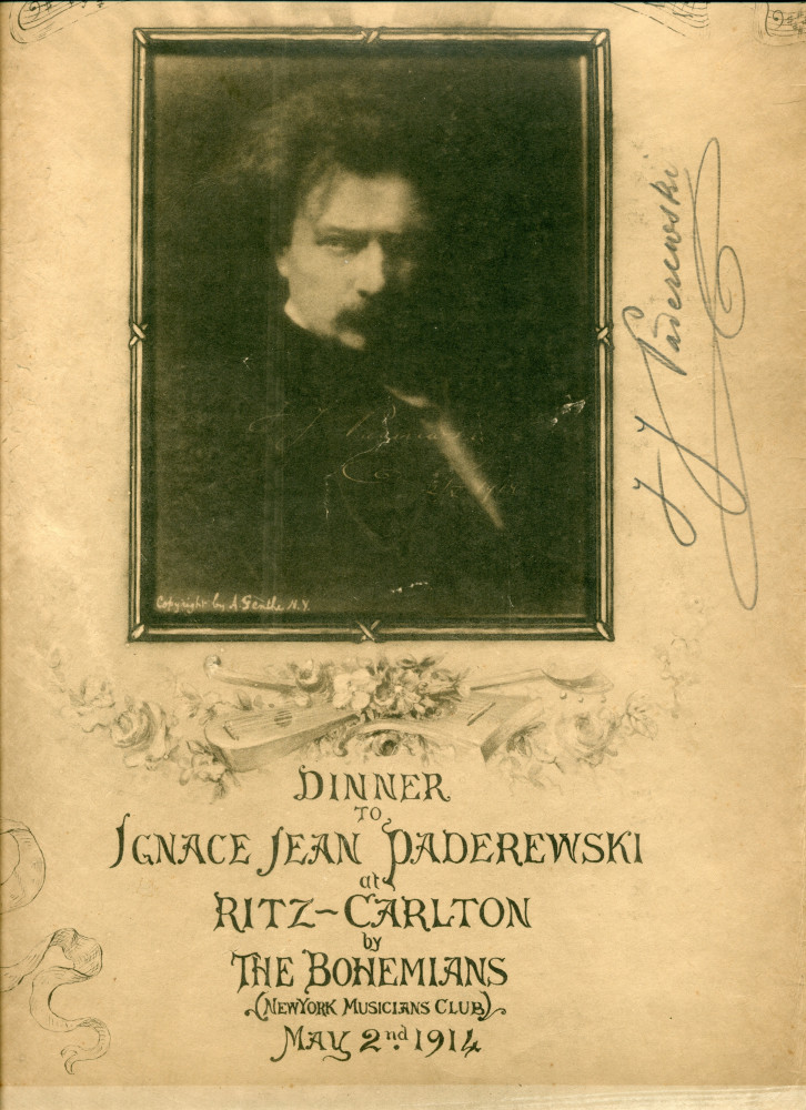 Menu du «Dinner to Ignace Jean Paderewski at Ritz-Carlton by The Bohemians (New York Musicians Club), May 2nd 1914», avec reproduction de la villa de Riond-Bosson et des premières mesures de quelques œuvres de Paderewski