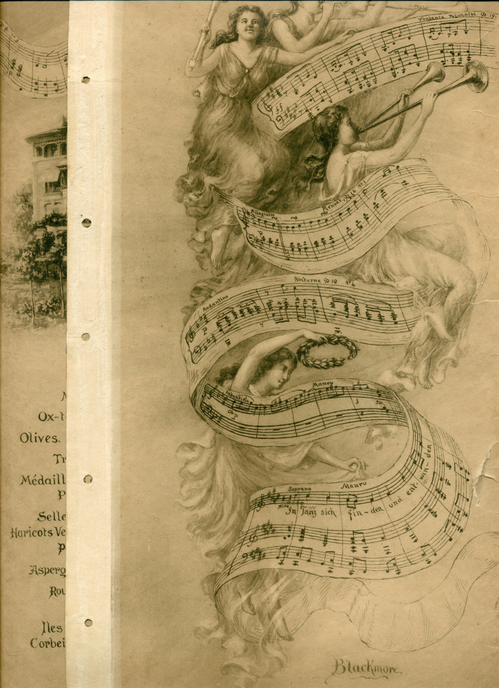 Menu du «Dinner to Ignace Jean Paderewski at Ritz-Carlton by The Bohemians (New York Musicians Club), May 2nd 1914», avec reproduction de la villa de Riond-Bosson et des premières mesures de quelques œuvres de Paderewski