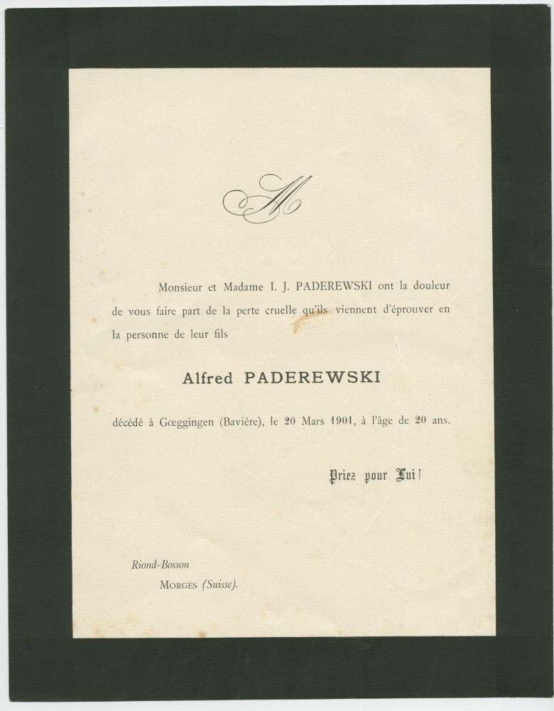 Faire-part de décès du fils unique de Paderewski, Alfred, né de son union avec Antonina Korsak et atteint de poliomyélite, survenu le 20 mars 1901 à Göggingen (Bavière), à l'âge de 20 ans