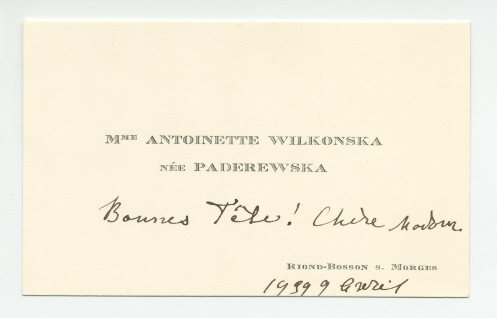 Carte de compliment de «Mme Antoinette Wilkonska née Paderewska» adressée en 1939 à une «chère Madame» pour son anniversaire