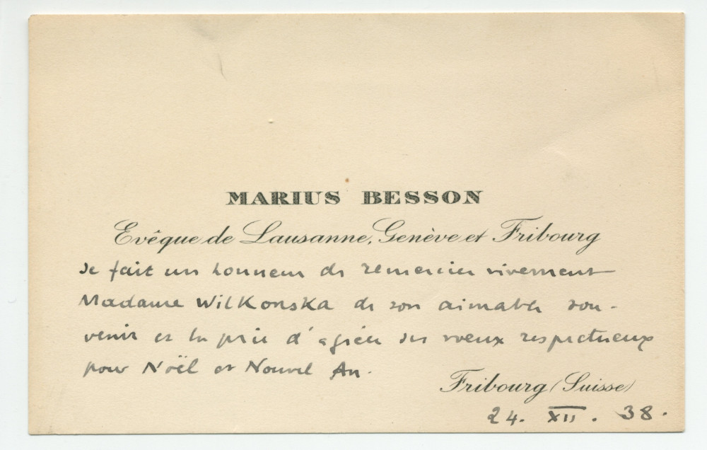 Carte de compliment de Mgr Marius Besson, évêque de Lausanne, Genève et Fribourg, envoyée à Antonina Wilkonska à l'occasion de la Noël 1938