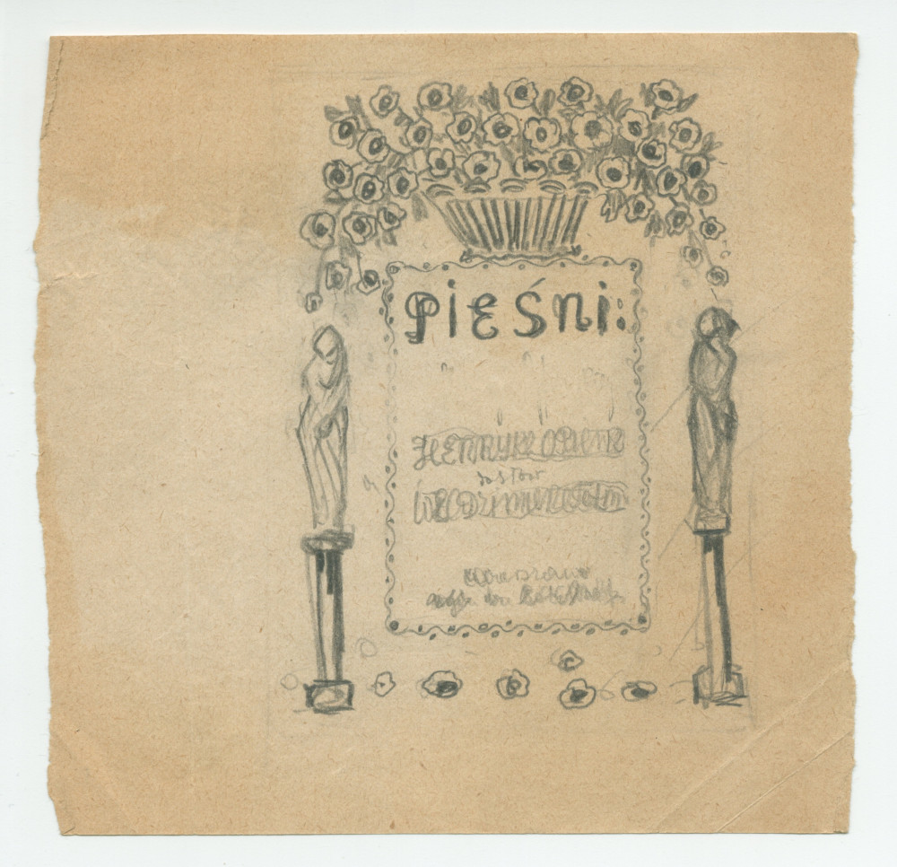 Trois dessins (crayon – le premier en couleurs) de projets de couvertures de partitions (?) de chansons («piesni») de Henryk Opienski, éditées à Varsovie