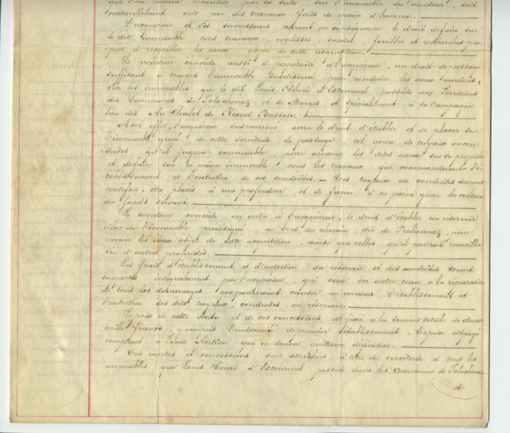 Acte n° 2963 de vente et concession des eaux et sources du champ dit «Au Champ du Bourg», sis sur la commune de Tolochenaz, par François-Louis Anken dit Beure, bourgeois de Tolochenaz, y domicilié, propriétaire et cultivateur