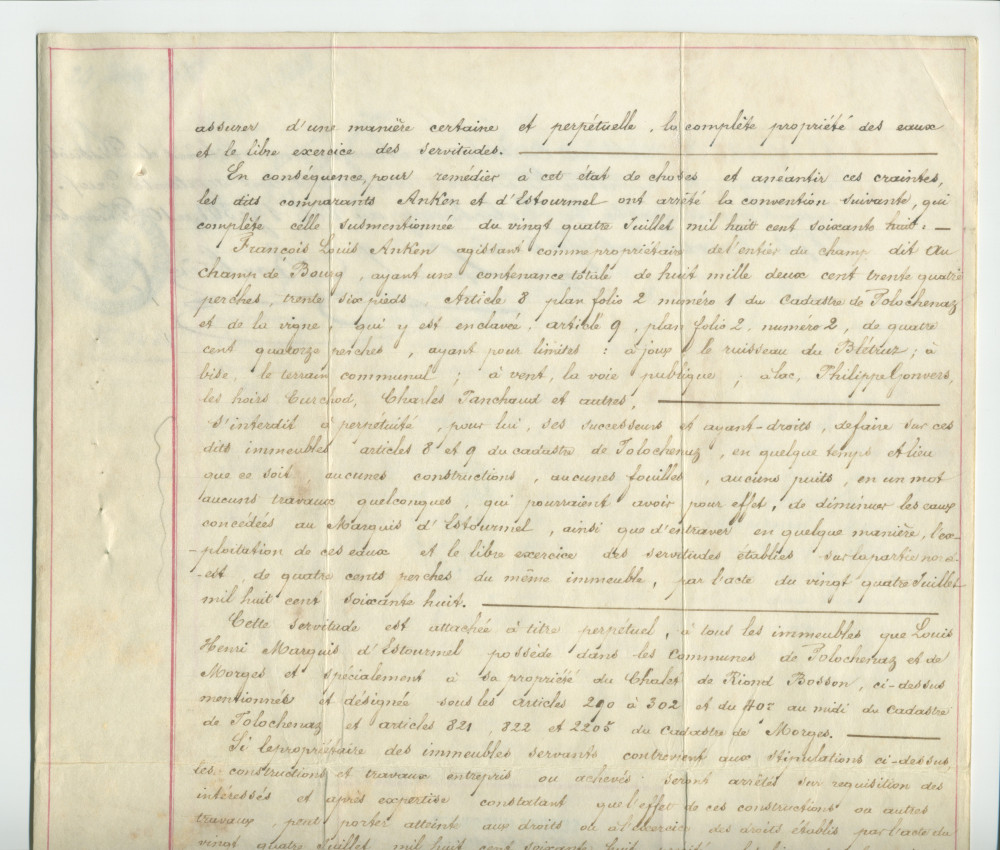 Acte n° 2963 de vente et concession des eaux et sources du champ dit «Au Champ du Bourg», sis sur la commune de Tolochenaz, par François-Louis Anken dit Beure, bourgeois de Tolochenaz, y domicilié, propriétaire et cultivateur