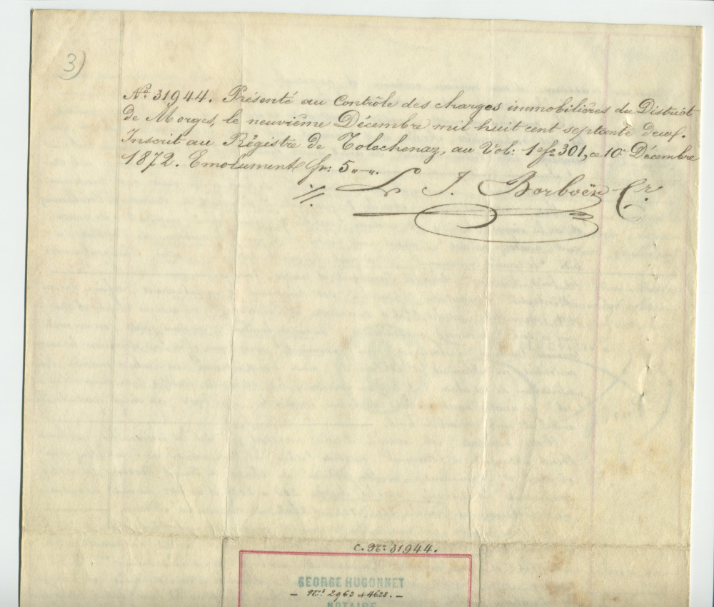 Acte n° 2963 de vente et concession des eaux et sources du champ dit «Au Champ du Bourg», sis sur la commune de Tolochenaz, par François-Louis Anken dit Beure, bourgeois de Tolochenaz, y domicilié, propriétaire et cultivateur