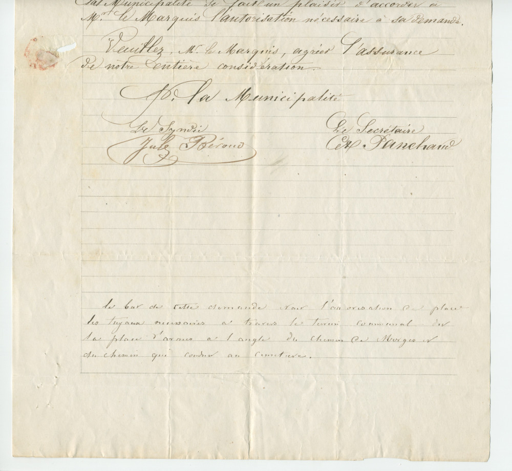 Autorisation accordée le 22 août 1868 par la Municipalité de Tolochenaz, par les signatures de son syndic Jules Béroud et de son secrétaire Panchaud, à Louis-Henri Marquis d'Estourmel, domicilié «au Chalet [de Riond-Bosson]»