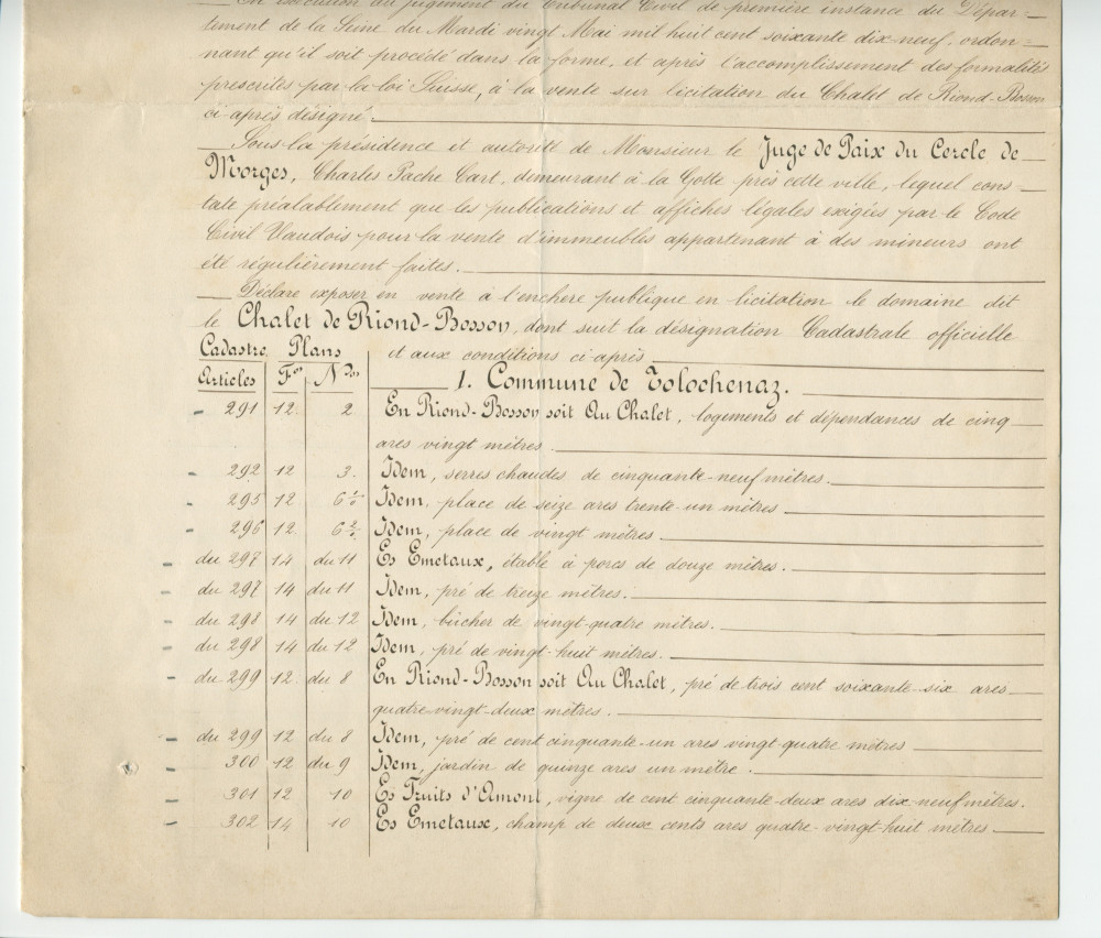 Acte n° 1751 de mise en vente à l'enchère publique sur licitation du «Chalet de Riond-Bosson» réalisée le 3 juillet 1879 devant le notaire Louis Monay, à Morges