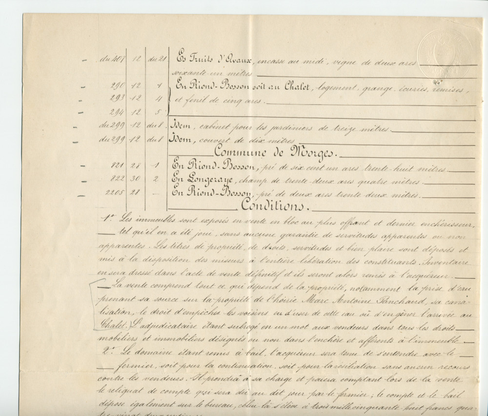 Acte n° 1751 de mise en vente à l'enchère publique sur licitation du «Chalet de Riond-Bosson» réalisée le 3 juillet 1879 devant le notaire Louis Monay, à Morges