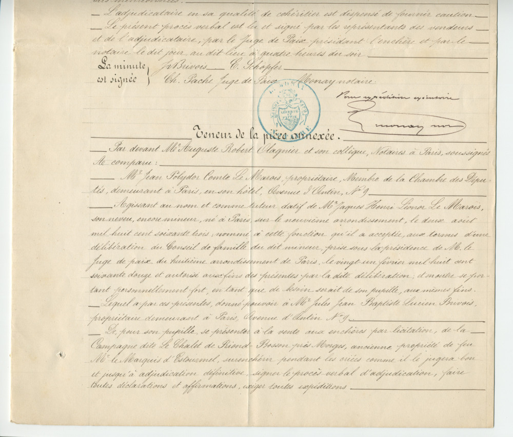 Acte n° 1751 de mise en vente à l'enchère publique sur licitation du «Chalet de Riond-Bosson» réalisée le 3 juillet 1879 devant le notaire Louis Monay, à Morges