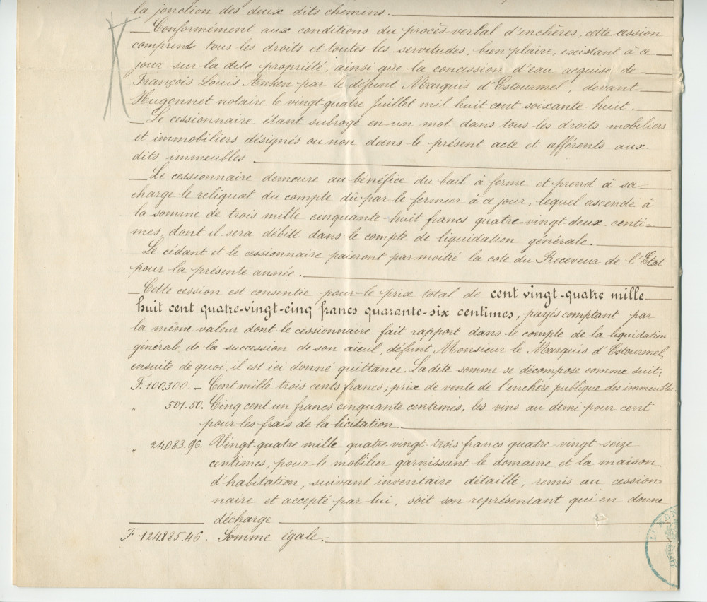 Acte n° 1752 de cession d'une moitié indivise du domaine dit «le Chalet de Riond-Bosson» réalisée le 5 juillet 1879 devant le notaire Louis Monay, à Morges