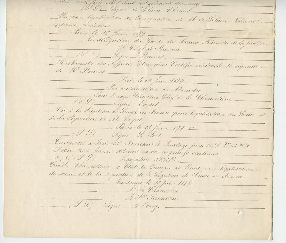 Acte n° 1752 de cession d'une moitié indivise du domaine dit «le Chalet de Riond-Bosson» réalisée le 5 juillet 1879 devant le notaire Louis Monay, à Morges