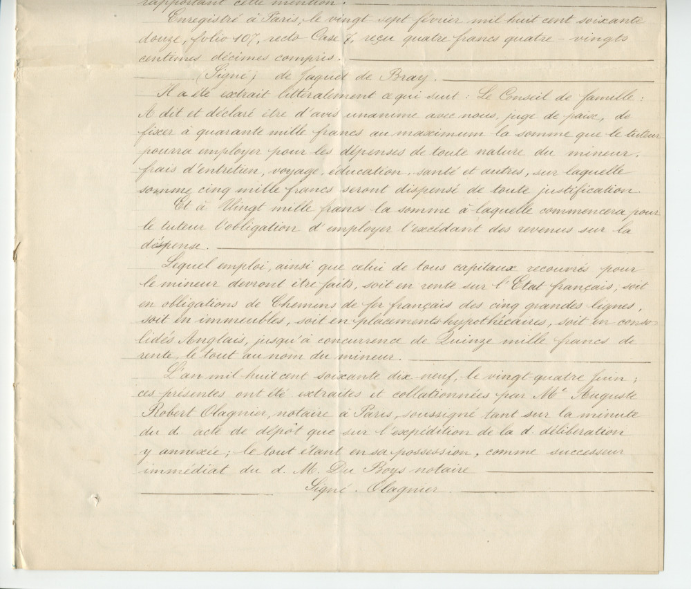 Acte n° 1752 de cession d'une moitié indivise du domaine dit «le Chalet de Riond-Bosson» réalisée le 5 juillet 1879 devant le notaire Louis Monay, à Morges