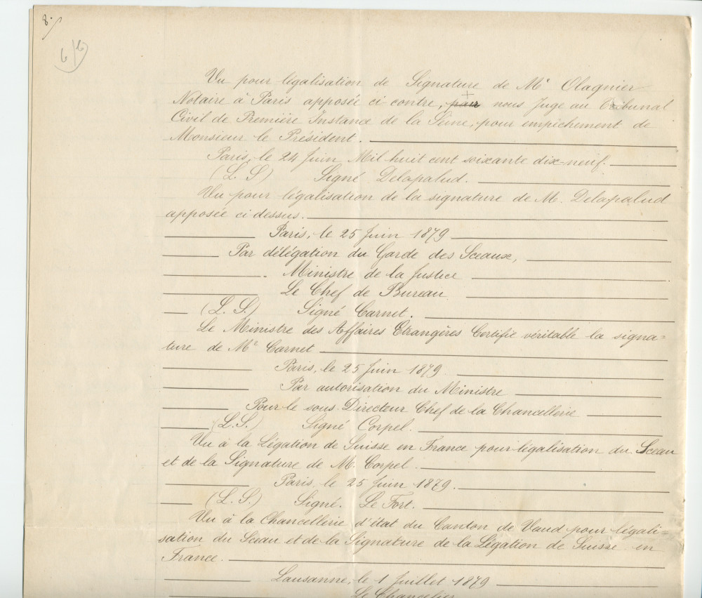 Acte n° 1752 de cession d'une moitié indivise du domaine dit «le Chalet de Riond-Bosson» réalisée le 5 juillet 1879 devant le notaire Louis Monay, à Morges