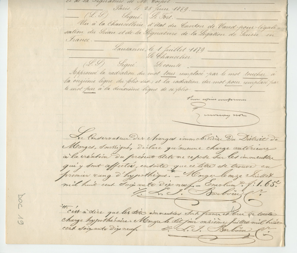 Acte n° 1752 de cession d'une moitié indivise du domaine dit «le Chalet de Riond-Bosson» réalisée le 5 juillet 1879 devant le notaire Louis Monay, à Morges