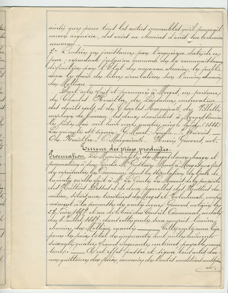 Acte n° 4076 de vente d'immeubles propriétés de la Commune de Morges situés sur les communes de Tolochenaz (Au Molliau) et Morges (À Bonjean, En Riond-Bosson) réalisée le 16 mai 1888 devant le notaire Henri Gonvers, à Morges