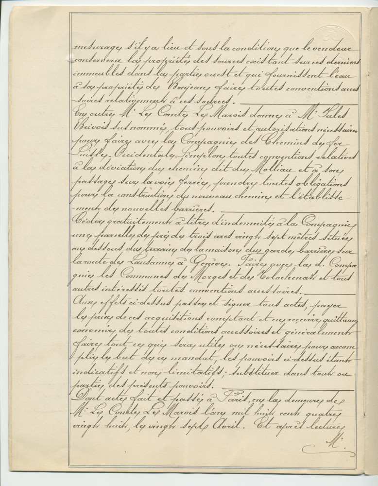 Acte n° 4076 de vente d'immeubles propriétés de la Commune de Morges situés sur les communes de Tolochenaz (Au Molliau) et Morges (À Bonjean, En Riond-Bosson) réalisée le 16 mai 1888 devant le notaire Henri Gonvers, à Morges