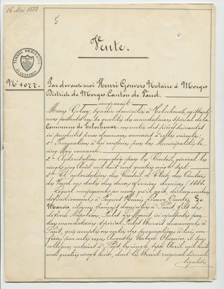 Acte n° 4077 de vente d'un immeuble sis «En Riond-Bosson» propriété de la Commune de Tolochenaz réalisée le 16 mai 1888 devant le notaire Henri Gonvers, à Morges