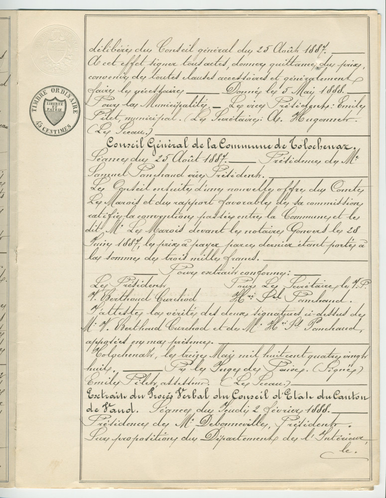 Acte n° 4077 de vente d'un immeuble sis «En Riond-Bosson» propriété de la Commune de Tolochenaz réalisée le 16 mai 1888 devant le notaire Henri Gonvers, à Morges