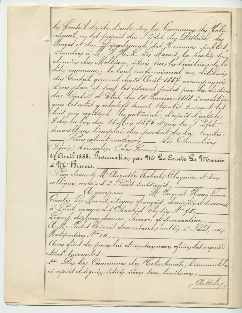 Acte n° 4077 de vente d'un immeuble sis «En Riond-Bosson» propriété de la Commune de Tolochenaz réalisée le 16 mai 1888 devant le notaire Henri Gonvers, à Morges