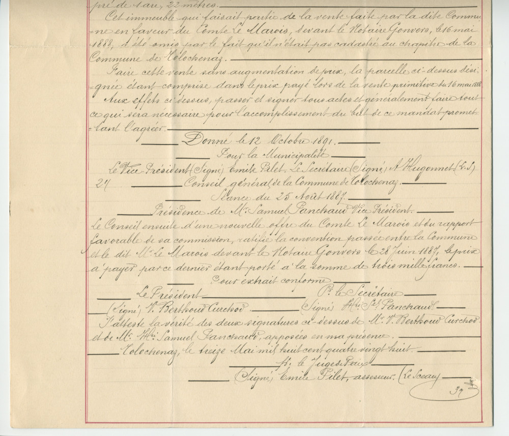 Acte n° 5118 de vente complémentaire d'un immeuble sis «En Riond-Bosson» propriété de la Commune de Tolochenaz réalisée le 18 novembre 1891 devant le notaire Henri Gonvers, à Morges