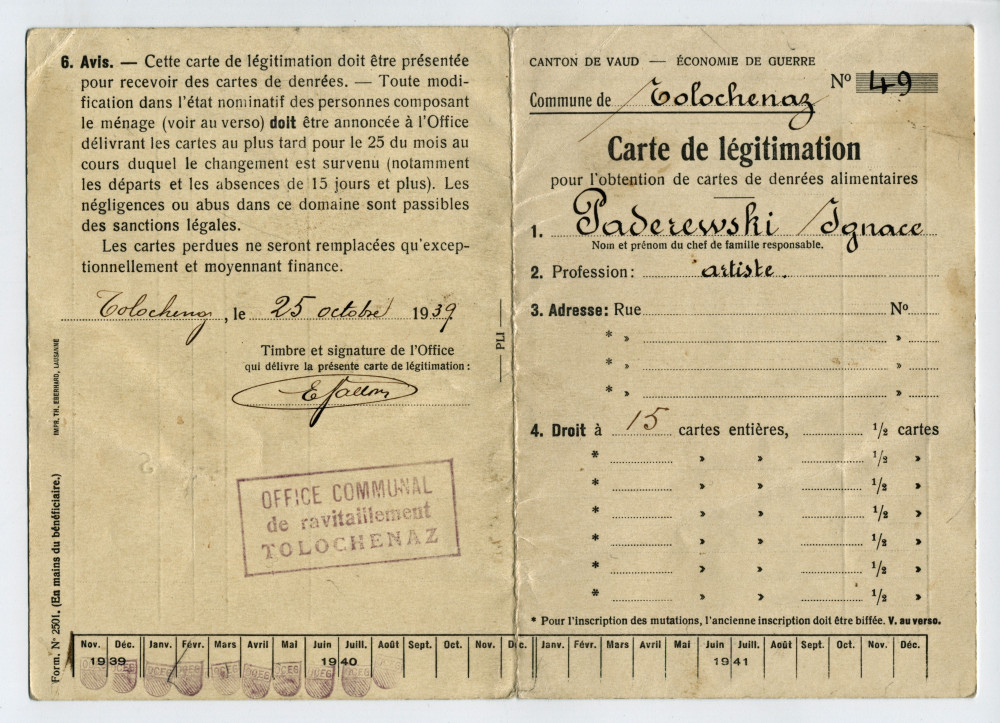 Carte de légitimation de la commune de Tolochenaz délivrée à Paderewski le 25 octobre 1939 pour l'obtention de cartes de denrées alimentaires sous l'égide de l'Economie de guerre du Canton de Vaud