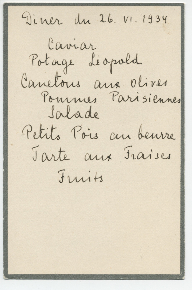Menu manuscrit du déjeuner du 26 juin 1926 à Riond-Bosson