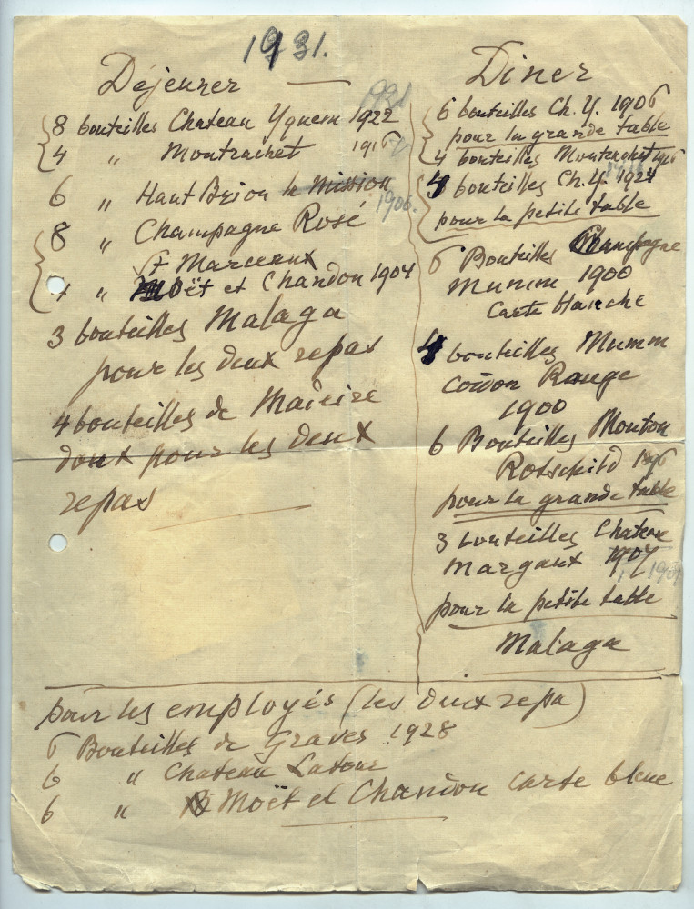 Sélection manuscrite de vins réalisée par Paderewski pour un déjeuner et un dîner à Riond-Bosson en 1931