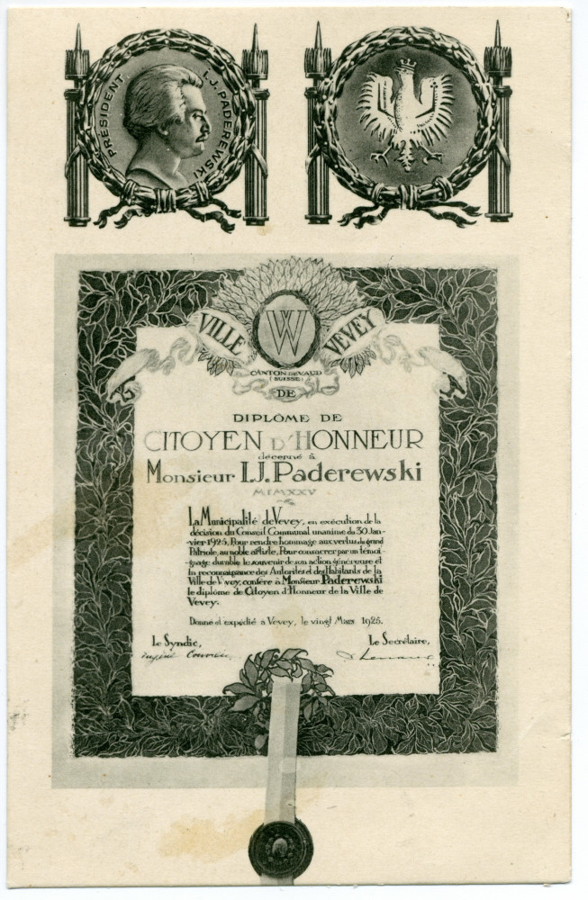 Carte postale représentant l'effigie de Paderewski président, l'aigle polonais et le diplôme de citoyen d'honneur décerné par la Ville de Vevey le 20 mars 1925 – avec vœux pour la nouvelle année 1926 adressés par Antonina Wilkonska à un destinataire inconn
