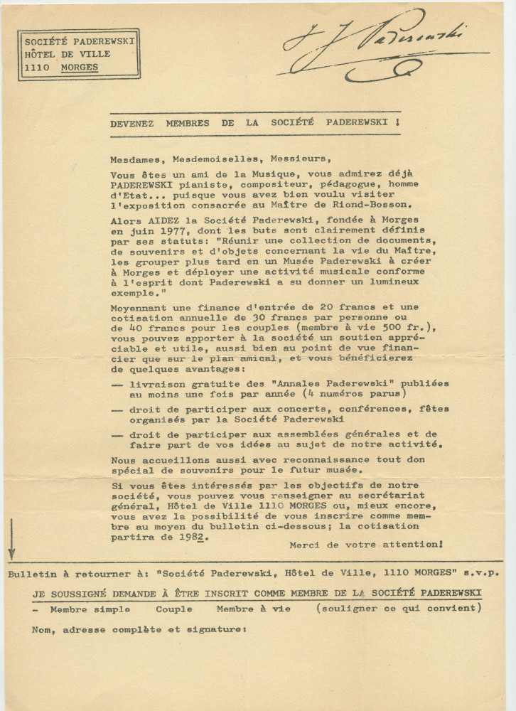 Bulletin d'adhésion à la Société Paderewski de Morges édité en 1982