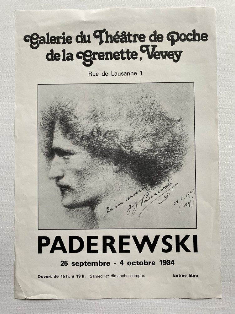 Affiche de l'exposition Paderewski présentée du 25 septembre au 4 octobre 1984 à la Galerie du Théâtre de Poche de la Grenette à Vevey
