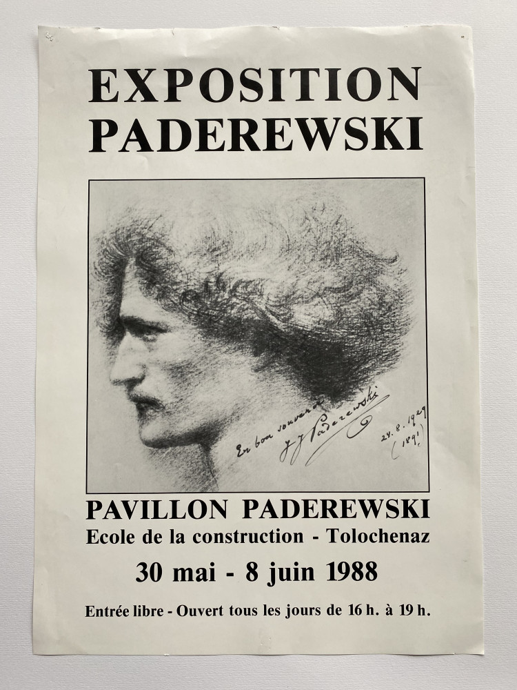 Affiche de l'exposition Paderewski présentée du 30 mai au 8 juin au Pavillon Paderewski (Pigeonnier) de l'Ecole de la construction (aujourd'hui Fédération vaudoise des entrepreneurs) à Tolochenaz