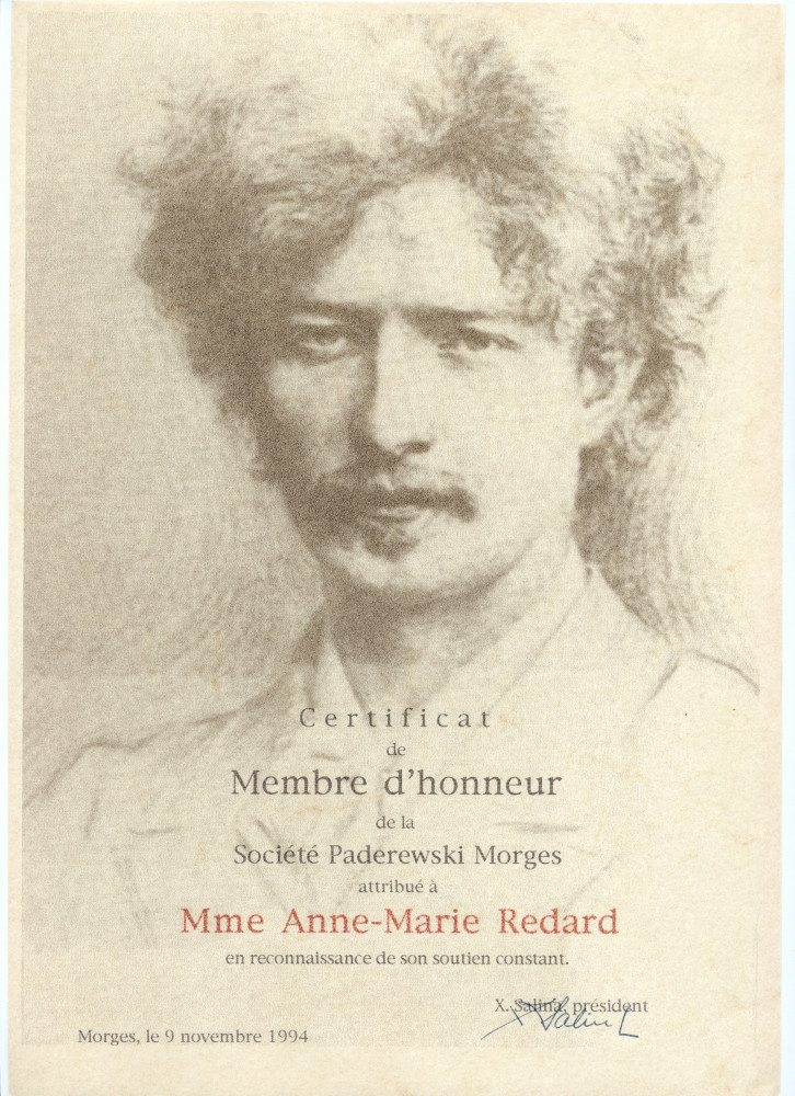 Certificat de membre d'honneur de la Société Paderewski de Morges attribué à Mme Anne-Marie Redard «en reconnaissance de son soutien constant», le 9 novembre 1994, avec signature autographe du président Xavier Salina