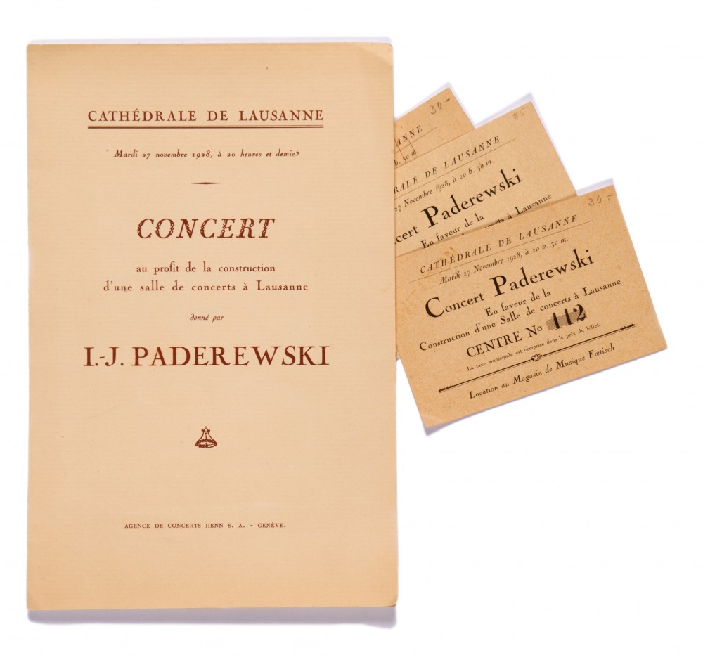 Programme et billets d'entrée pour le concert donné par Paderewski le 27 novembre 1928 à la Cathédrale de Lausanne au profit de la construction d'une salle de concerts